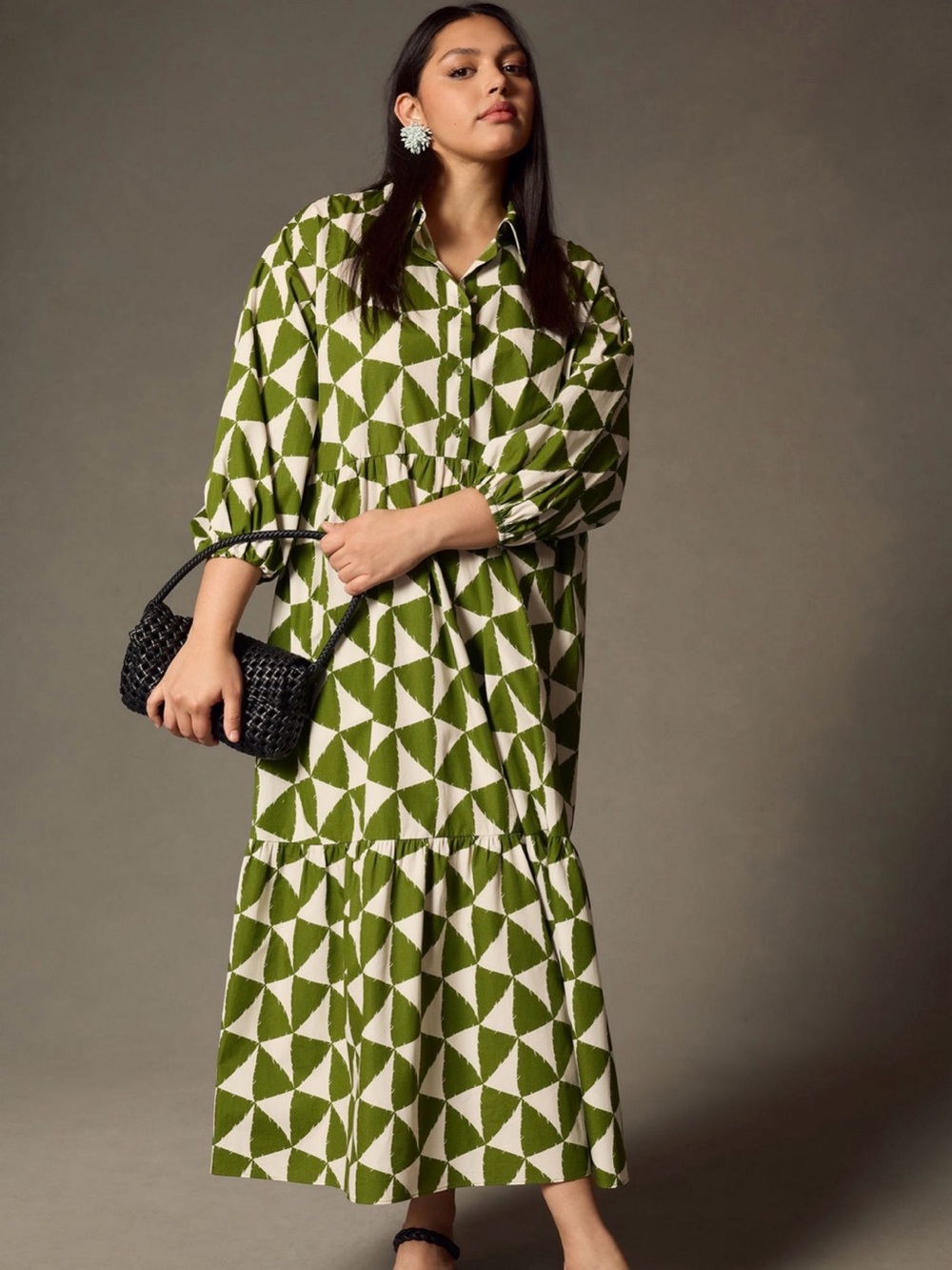 Maeve Anthropologie Bettina Olive Geometric Print Long Shirt Dress